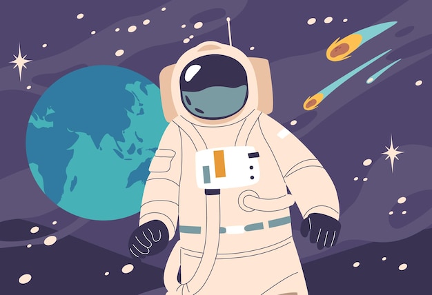 Astronaut in een ruimtetuig die de uitgestrektheid van de ruimte verkent met de planeet Aarde op de achtergrond