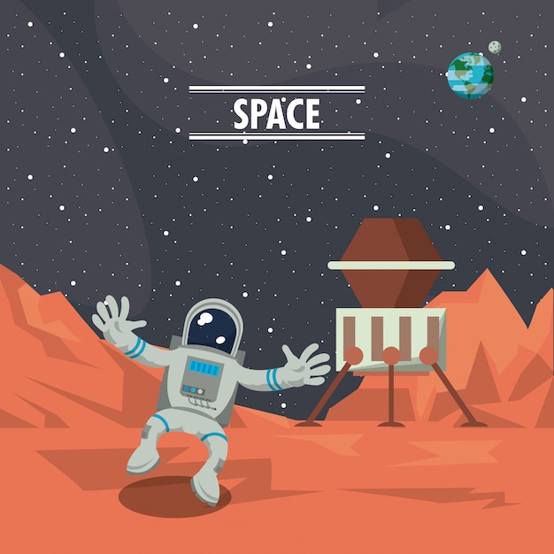 Astronaut in mars met ruimteschip cartoon