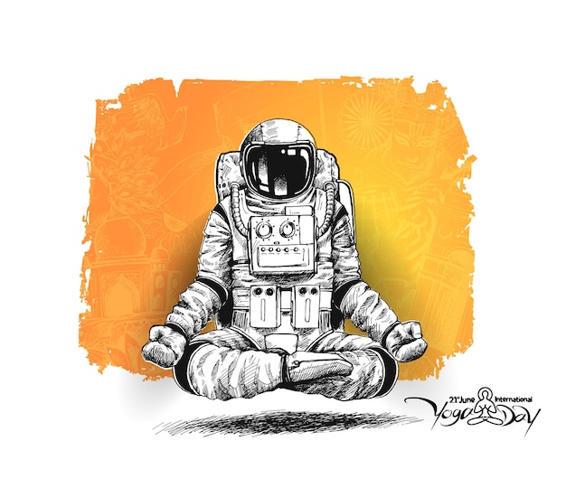 Astronaut in ruimtepak yoga gebaren, Hand getrokken schets vectorillustratie.