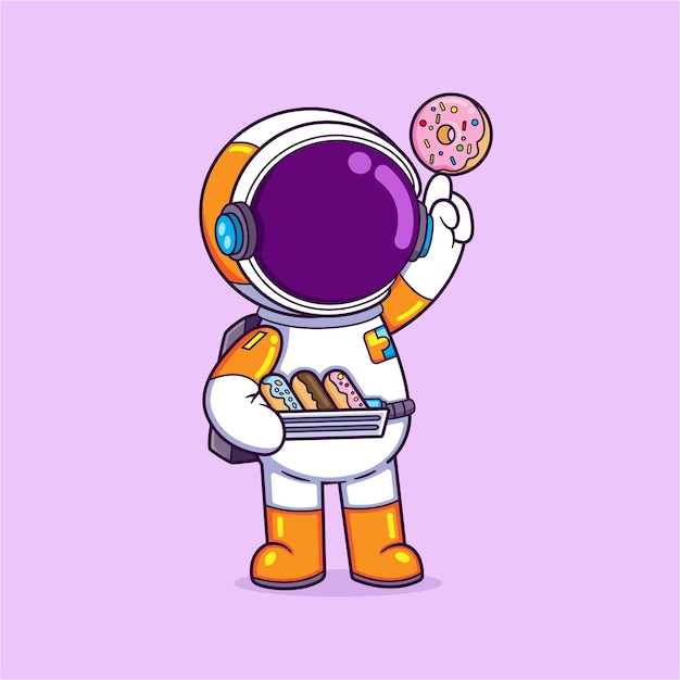 The astronaut is buying many doughnuts and playing trick on hand with it