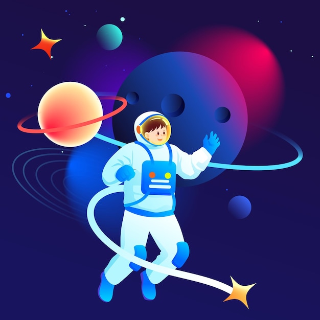 Astronaut is exploring space with universe and planets in the background vector illustration