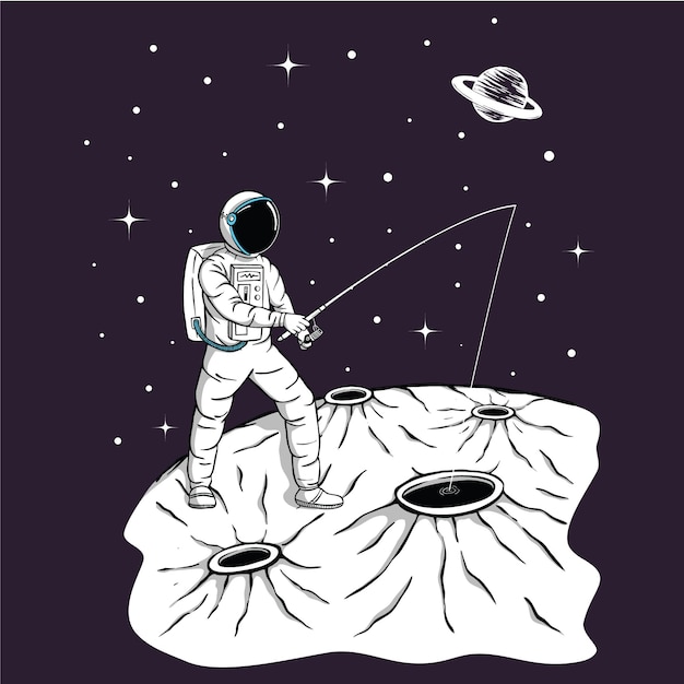 Vettore l'astronauta pesca con le stelle e i pianeti