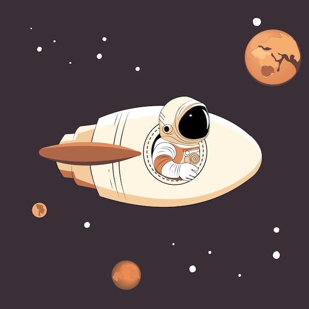 Астронавт летит на космическом корабле с красной планетой на заднем плане.