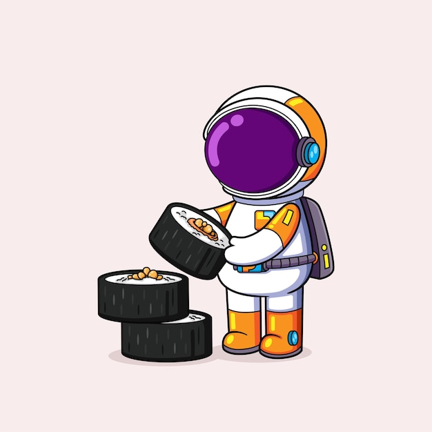 Vettore l'astronauta sta mangiando molti cibi ed è così affamato che li mangerà
