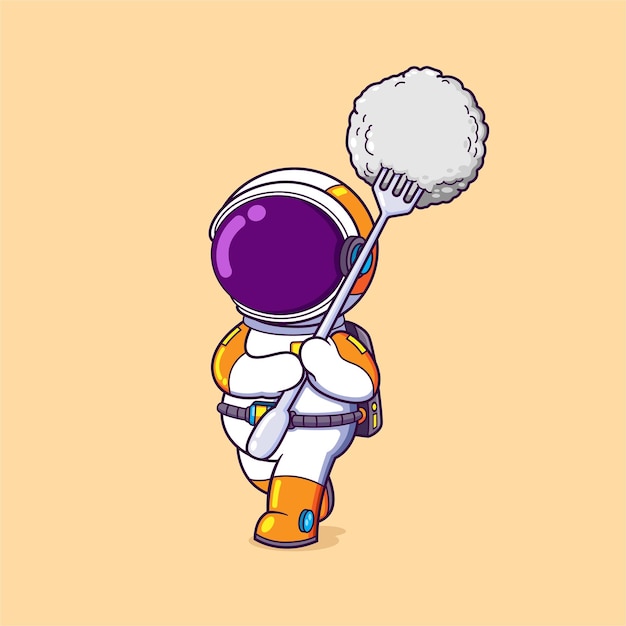 The astronaut is holding a big fork and poking a big rice on it while running