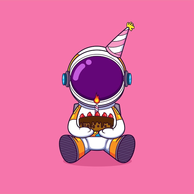 The astronaut is holding a birthday cake in a birthday party and celebrate it