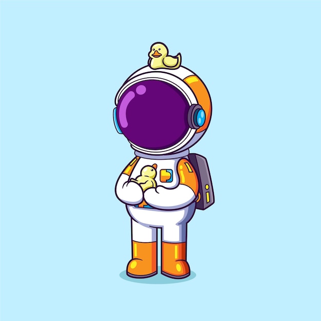 The astronaut is playing small duck doll on hand and head