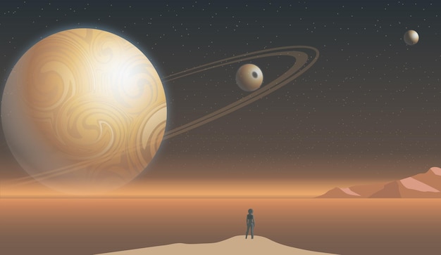 An astronaut is standing on a cliff of the Mars planet landscape looking at enormous planets