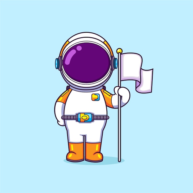 The astronaut is standing and holding a white flag after reach a planet in galaxy