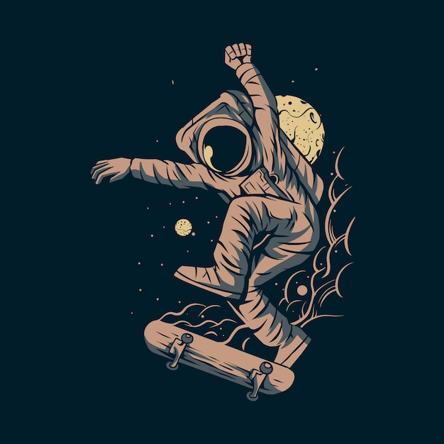 Pattino di salto dell'astronauta su spazio con progettazione dell'illustrazione del fondo della luna