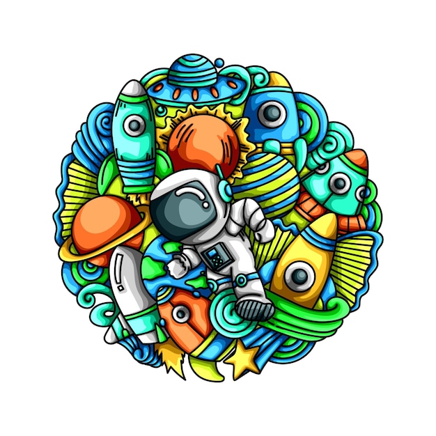 Astronaut Kids Colorful Rocket Space Art Doodle