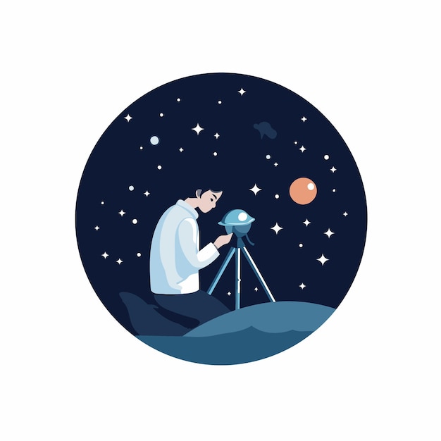 Vector astronaut kijkt door een telescoop vector illustratie in platte stijl