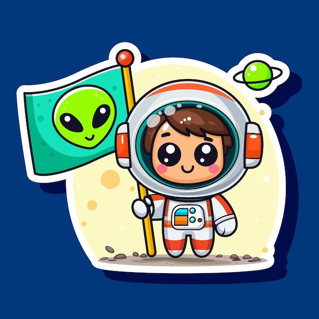 Astronaut kind personage op de maan planeet in ruimte pak Cartoon kosmische kinderen sticker Ruimte kosmonaut jongen houdt vlag met buitenaardse geïsoleerd op blauwe achtergrond Label stijl voor afdrukken Vector illustratie