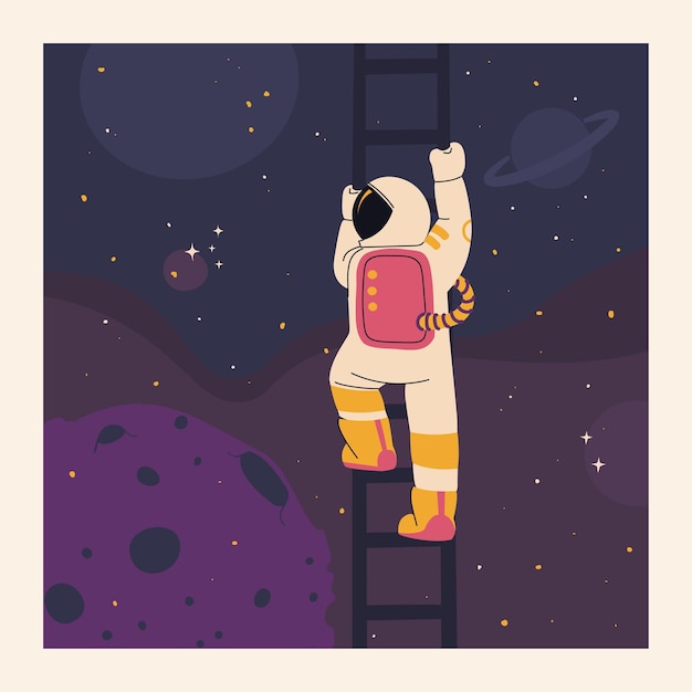 Astronaut klimt ladder in de ruimte Leuke vectorillustratie om af te drukken op een tshirt
