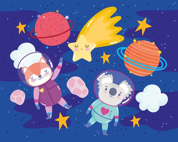 Астронавт коала и лиса с планетами и звездами космическое приключение галактика иллюстрации шаржа