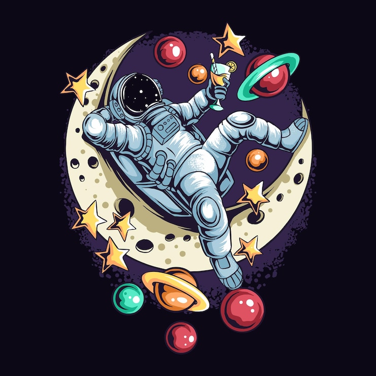 Vector astronaut lie relaxed on a crescent moon between the stars and the planets in outer space
