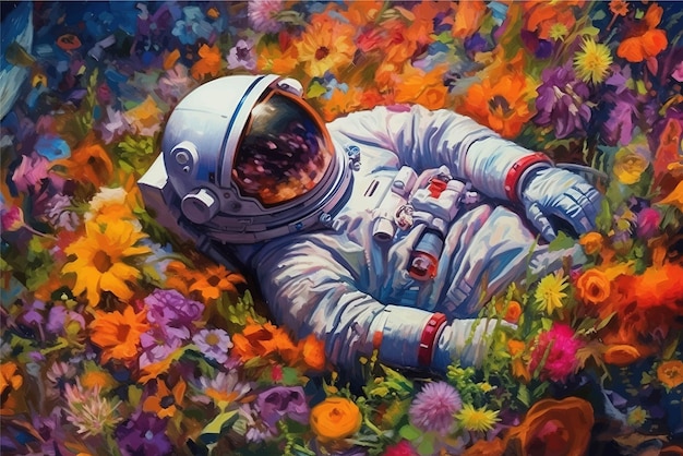 Astronaut lies in a colorful flower garden from above oil painting style