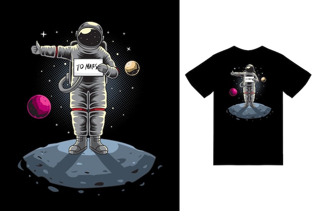 Astronaut liftend naar mars illustratie met tshirt design premium vector