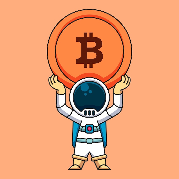Вектор астронавт поднимает биткойн, криптовалюта, монета, милый мультфильм, иконка, иллюстрация