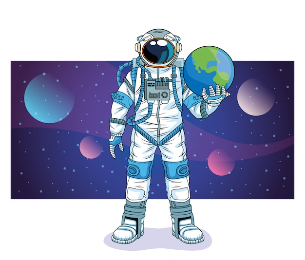 Astronaut lifting earth planet in the space character  illustration