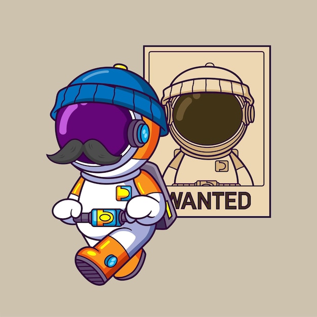 astronaut looking at a wanted poster on the wall