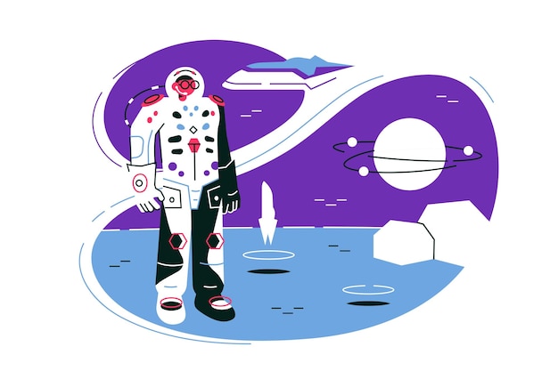 Vector astronaut on lunar mission space exploration vector illustration science and future tourism flat style spaceship travel to moon and research galaxy or universe concept