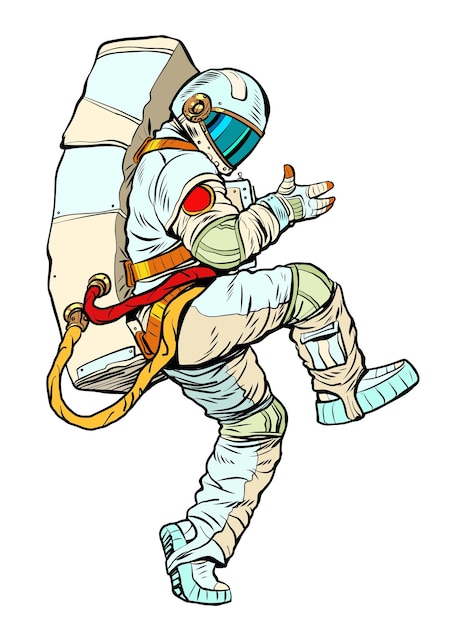 Astronaut man in een ruimtepak danst en verheugt zich in de toekomstige man in een grappige pose