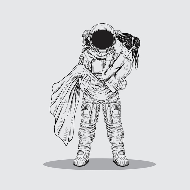 Astronauta uomo salvatore ragazza ilustration line art