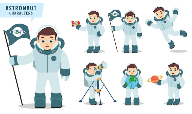 Astronaut man vector character set holding space flag rocket telescope and happy exploring planet