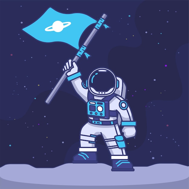 Astronaut mascot character lifting flag on the moon with galaxy illustration