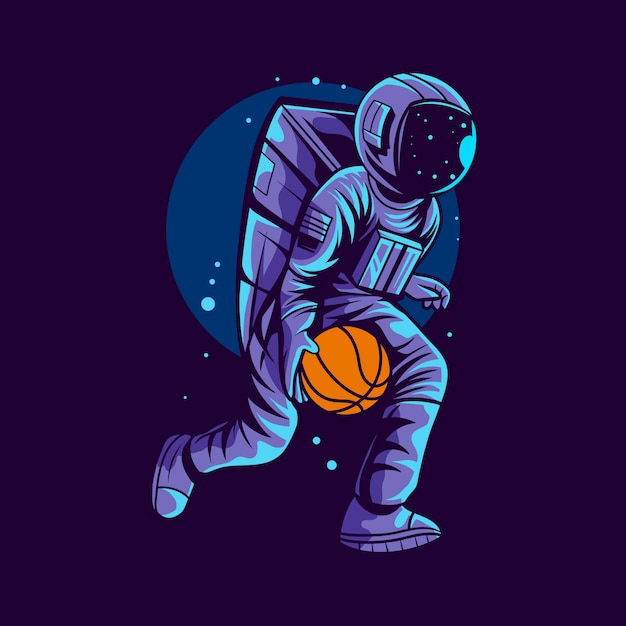 astronaut met basketbal illustratie geïsoleerd op donkere achtergrond