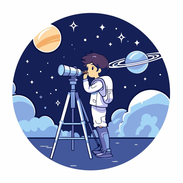 Vector astronaut met telescoop in de ruimte cartoon ronde icoon vector illustratie grafisch ontwerp
