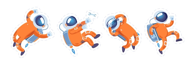 The astronaut in the orange suit in different poses in zero gravity.Astronaut. Spaceman. Cosmonaut. Stickers for kids. set.