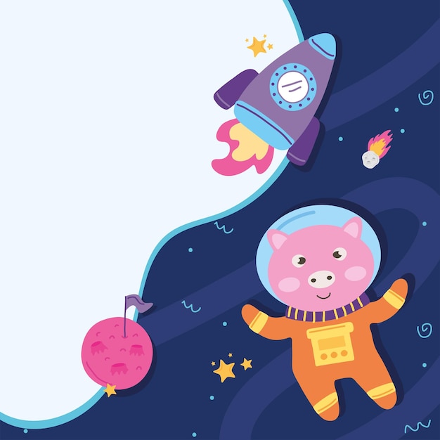 Vector astronaut pig cartoon at space