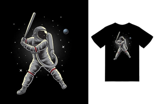 티셔츠 디자인 프리미엄 벡터로 우주 삽화에서 야구를 하는 우주 비행사