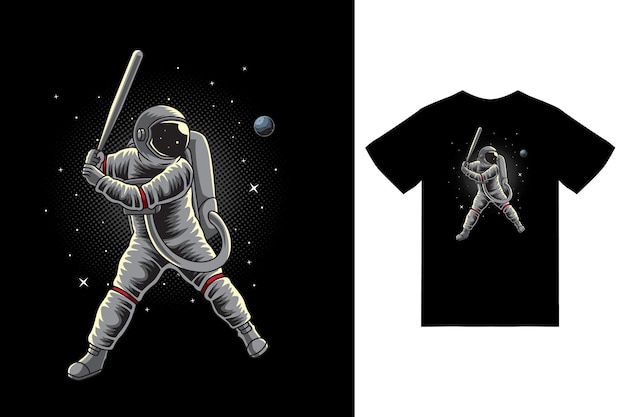 Astronauta che gioca a baseball sullo spazio illustrazione con tshirt design premium vector