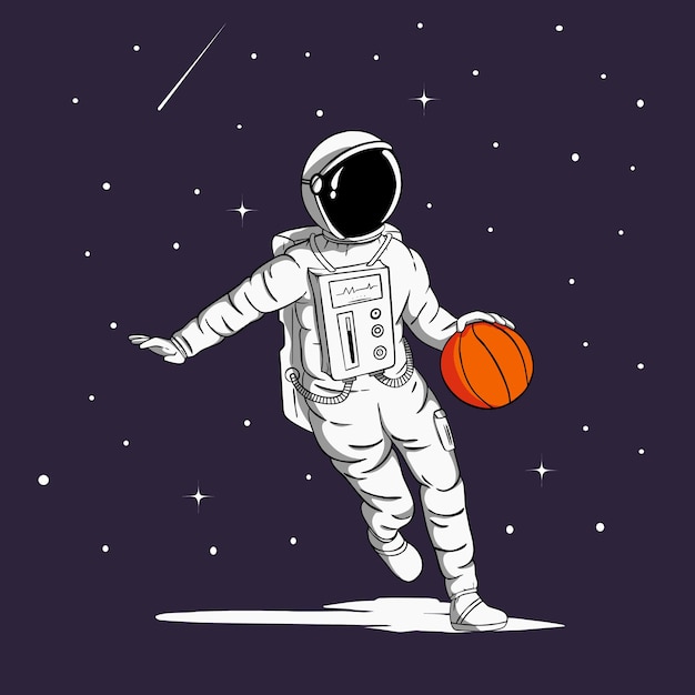 Vettore astronauta che gioca a basket