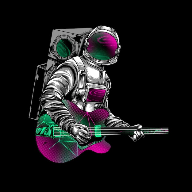 astronaut playing guitar on space illustration