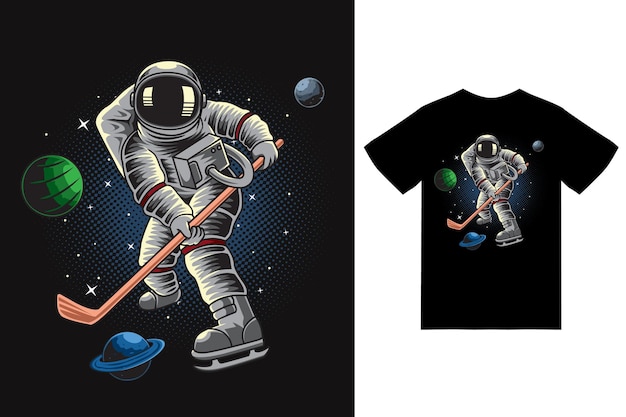 Tシャツデザインプレミアムベクトルと宇宙イラストでホッケーをする宇宙飛行士