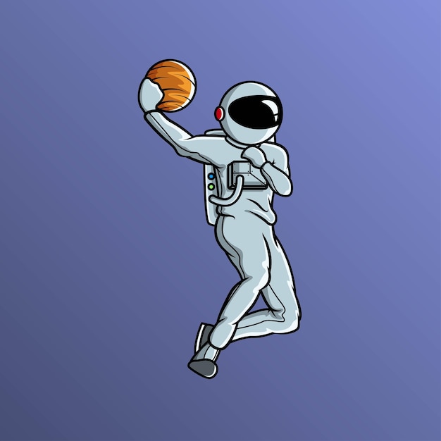 Astronauta che gioca a palla del pianeta e fa un'illustrazione vettoriale di slam dunk