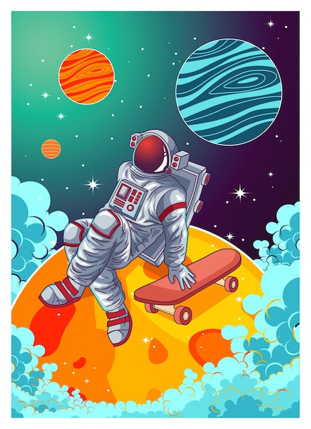 Вектор Астронавт, играющий на скейтборде в космической иллюстрации