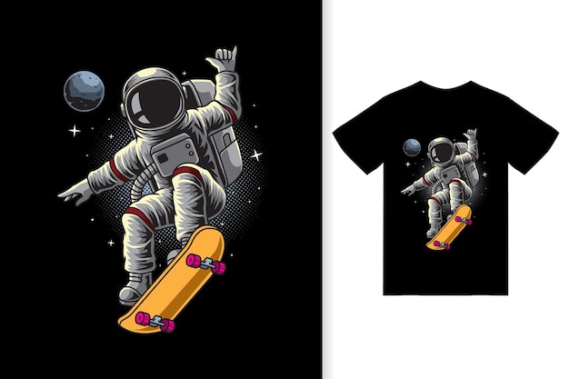 Astronauta che gioca a skateboard nello spazio illustrazione con tshirt design premium vector