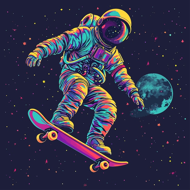 Астронавт играет на скейтборде в космосе