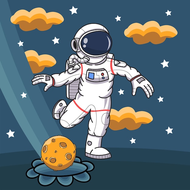 Astronauta che gioca a calcio sulla luna