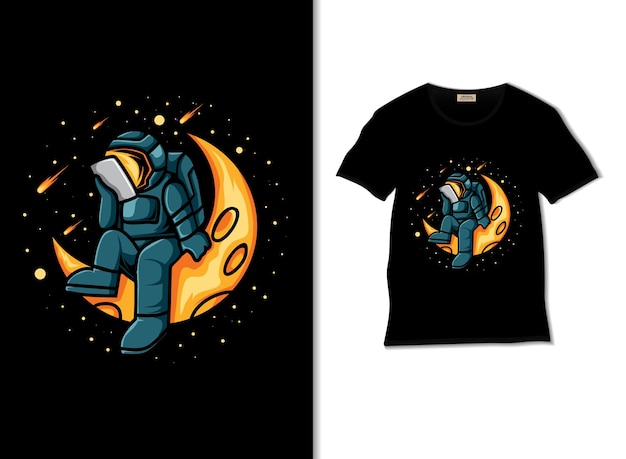 astronaut reading in space illustration with tshirt design