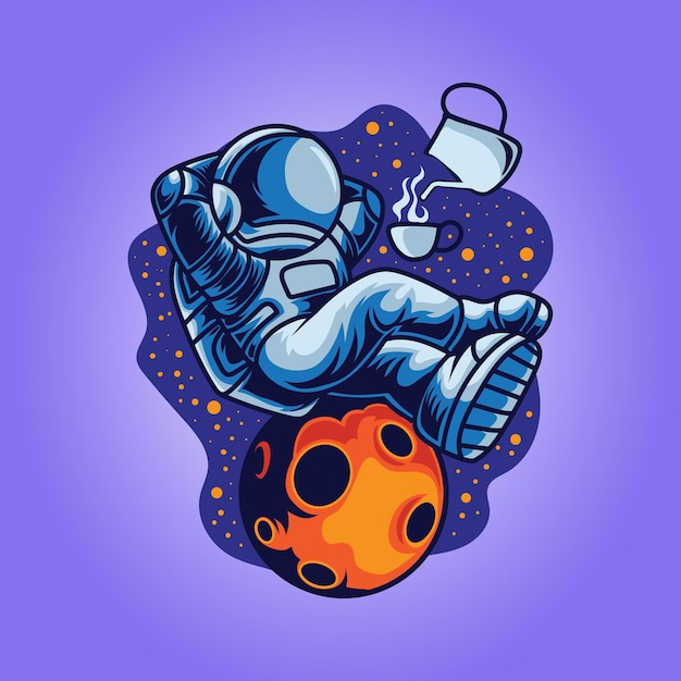 Astronaut relaxing with drinking coffee illustration