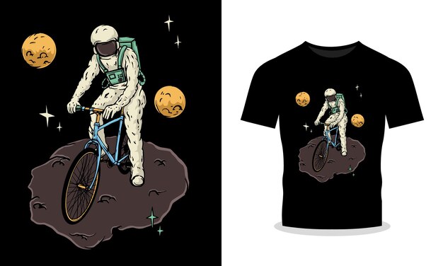 Astronaut riding bicycle illustration with moon isolated