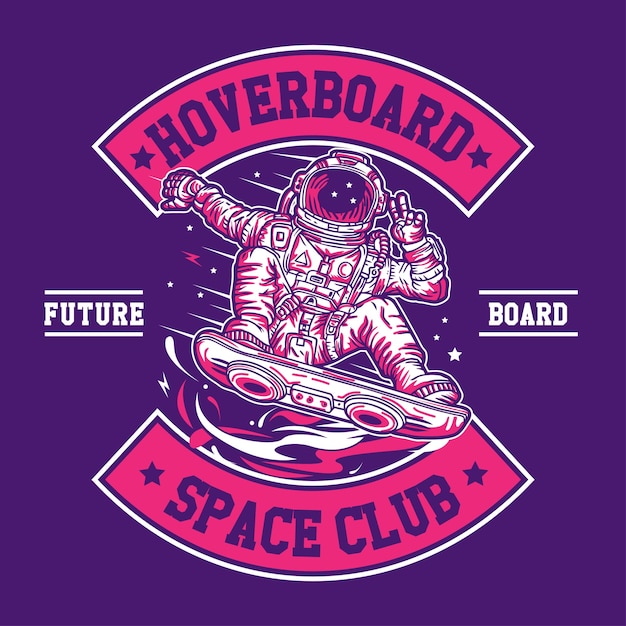 Vector astronaut riding hover board in space hand drawing vector illustration in patch design style