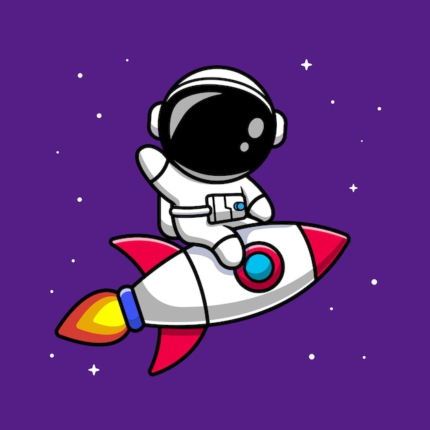 Astronaut Riding Rocket Cartoon Illustration. Flat Cartoon Style