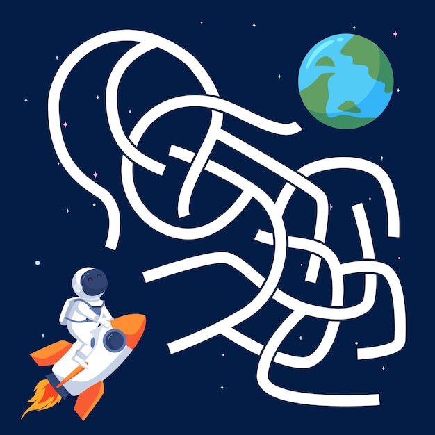 ロケットに乗って宇宙飛行士が就学前の子供向けの地球迷路ゲームの迷宮への正しい道を見つける